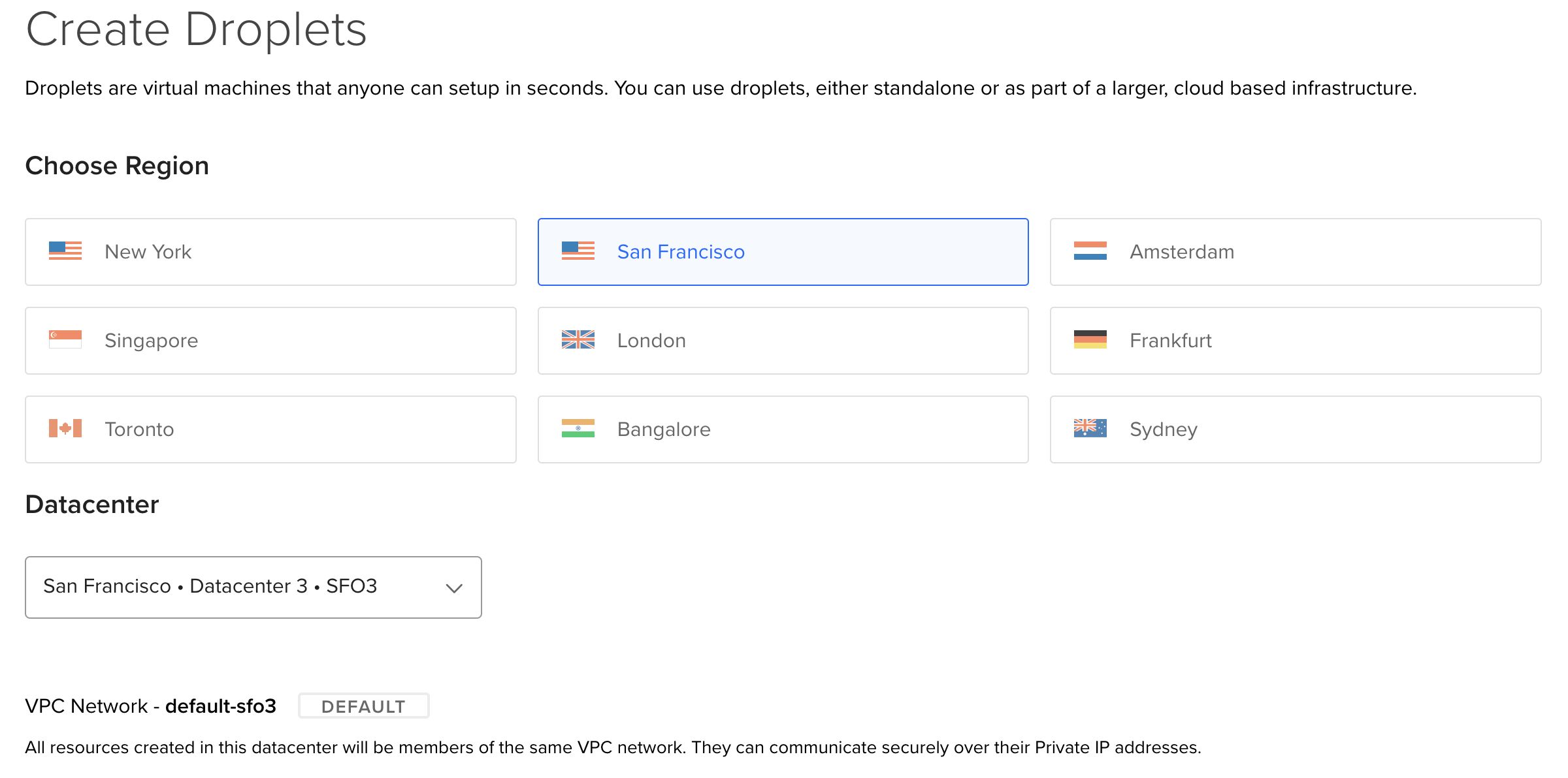 Screenshot of DigitalOcean dashboard showing region and datacenter selection