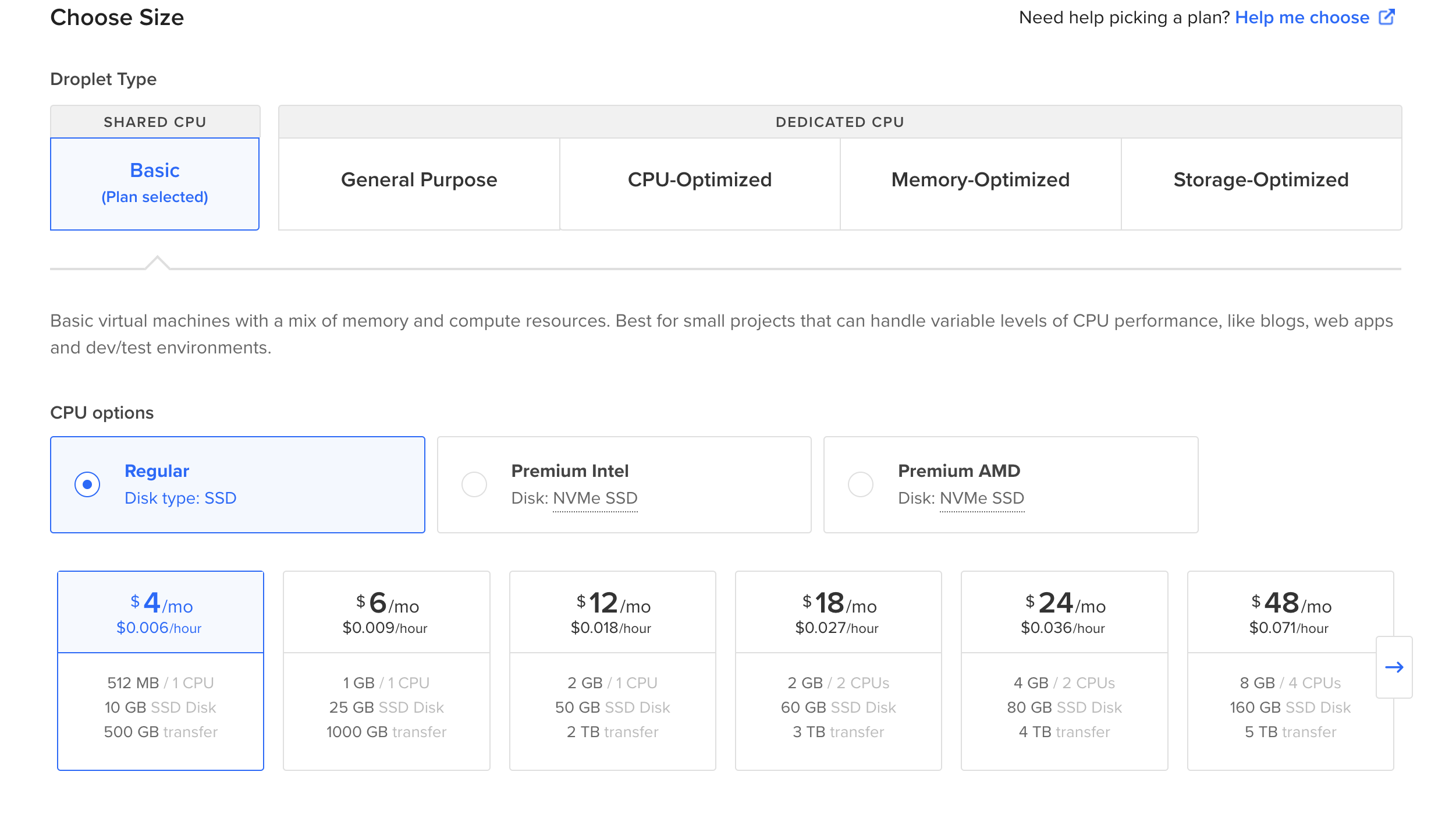 Screenshot of DigitalOcean dashboard showing VPS size selection